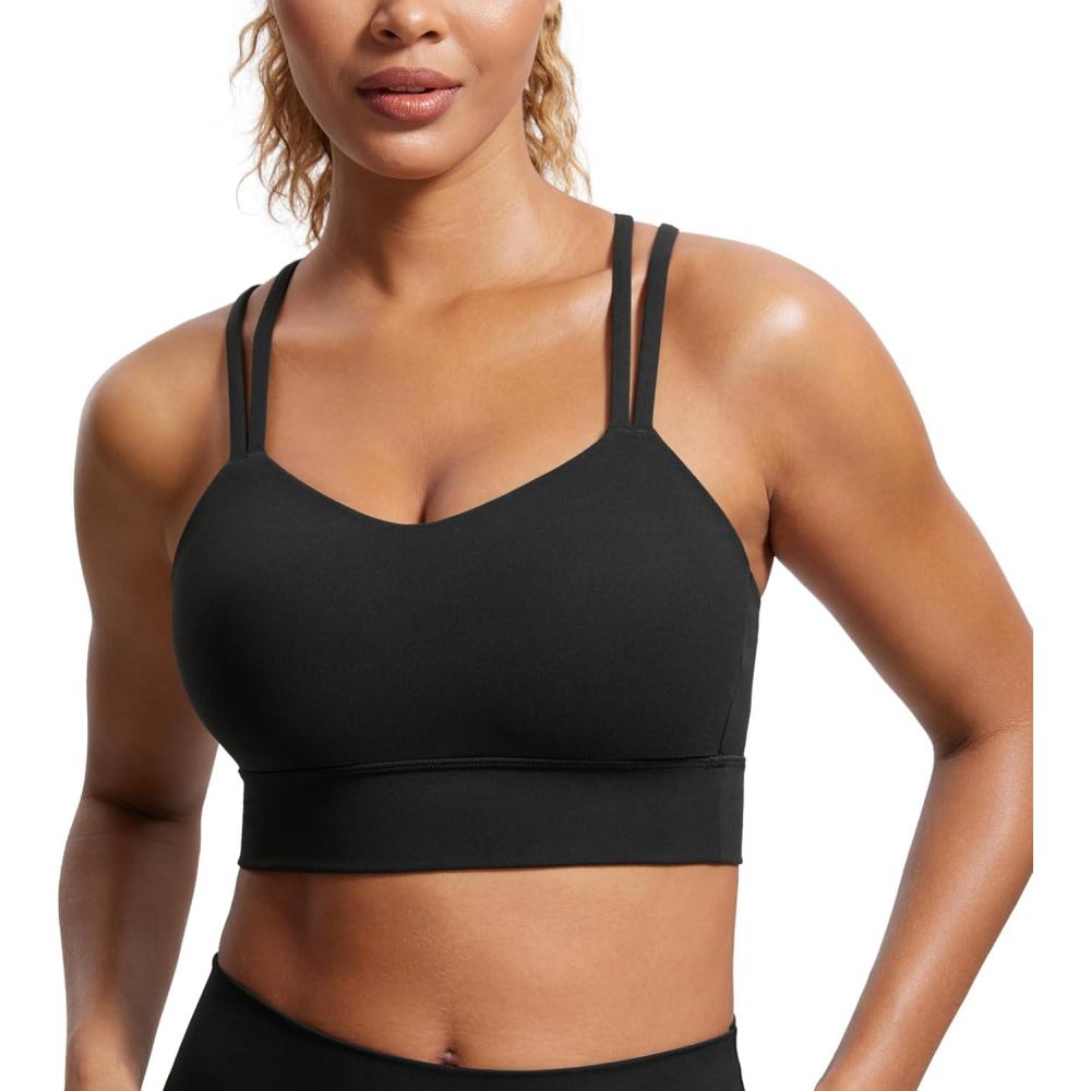 imageCRZ YOGA Softness Mold Butterluxe Strappy Longline Sports Bras for Women Double Spaghetti Strap Workout Yoga Crop TopBlack