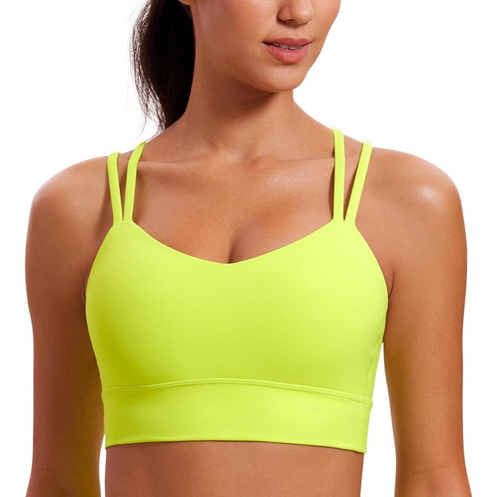 imageCRZ YOGA Softness Mold Butterluxe Strappy Longline Sports Bras for Women Double Spaghetti Strap Workout Yoga Crop TopNeon Yellow