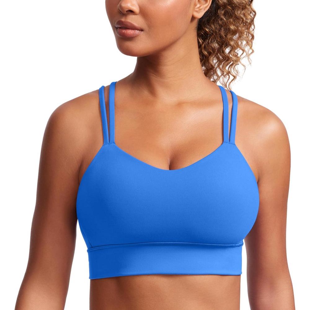 imageCRZ YOGA Softness Mold Butterluxe Strappy Longline Sports Bras for Women  Double Spaghetti Strap Workout Yoga Crop TopSparkle Blue