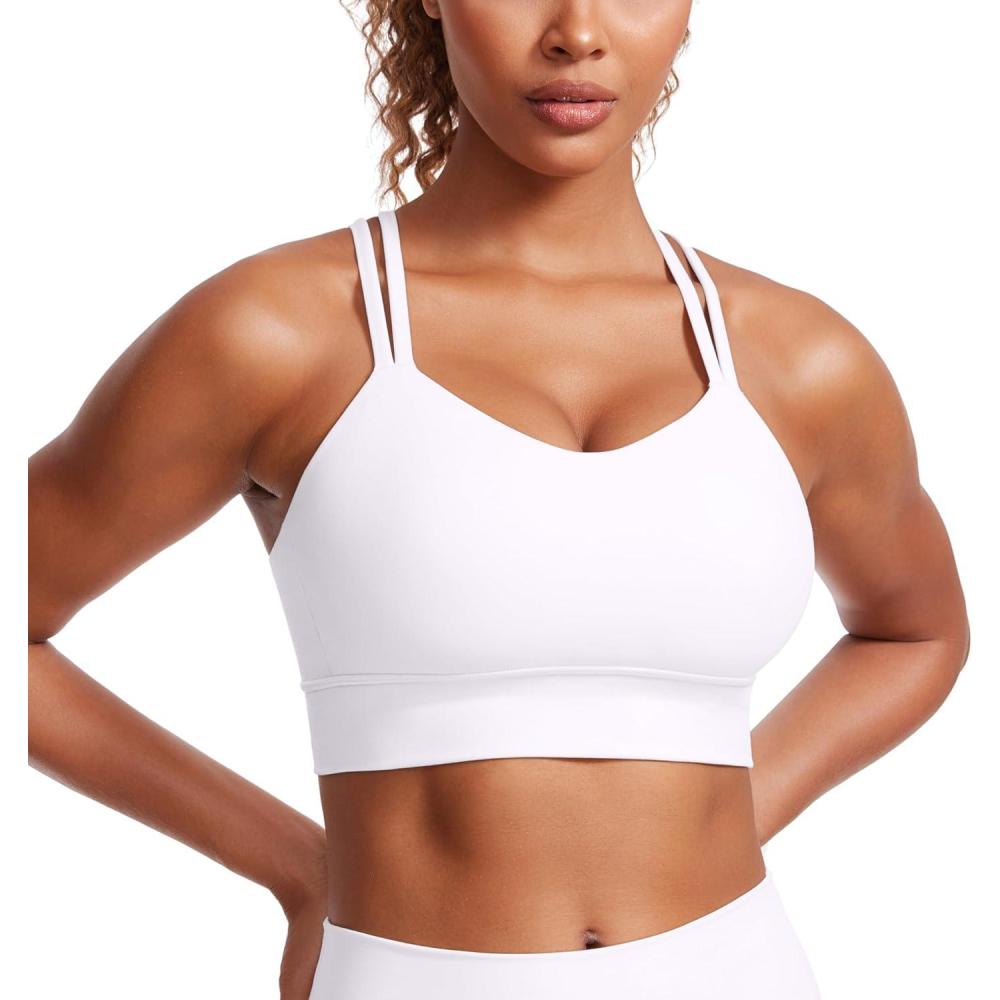 imageCRZ YOGA Softness Mold Butterluxe Strappy Longline Sports Bras for Women  Double Spaghetti Strap Workout Yoga Crop TopWhite