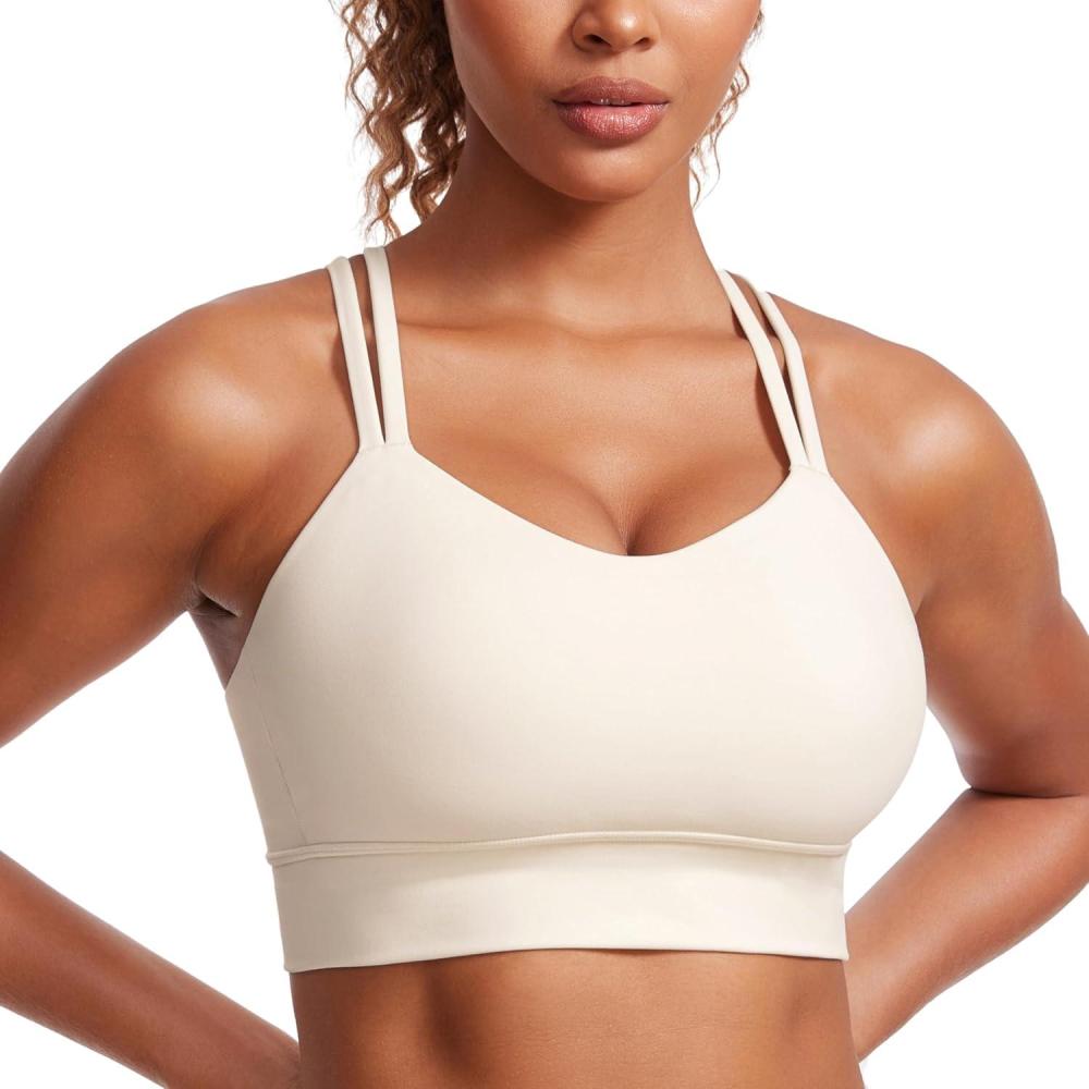 imageCRZ YOGA Softness Mold Butterluxe Strappy Longline Sports Bras for Women  Double Spaghetti Strap Workout Yoga Crop TopWhite Apricot