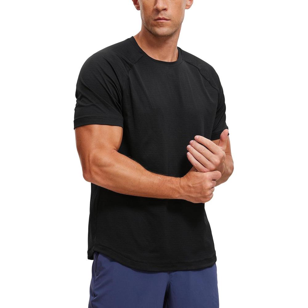 imageCRZ YOGA Texture Workout Shirts for Men Lightweight Crewneck Running Athletic TShirts Short Sleeve Gym TopsBlack