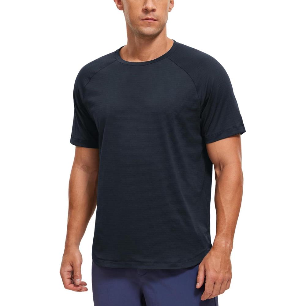 imageCRZ YOGA Texture Workout Shirts for Men Lightweight Crewneck Running Athletic TShirts Short Sleeve Gym TopsTrue Navy