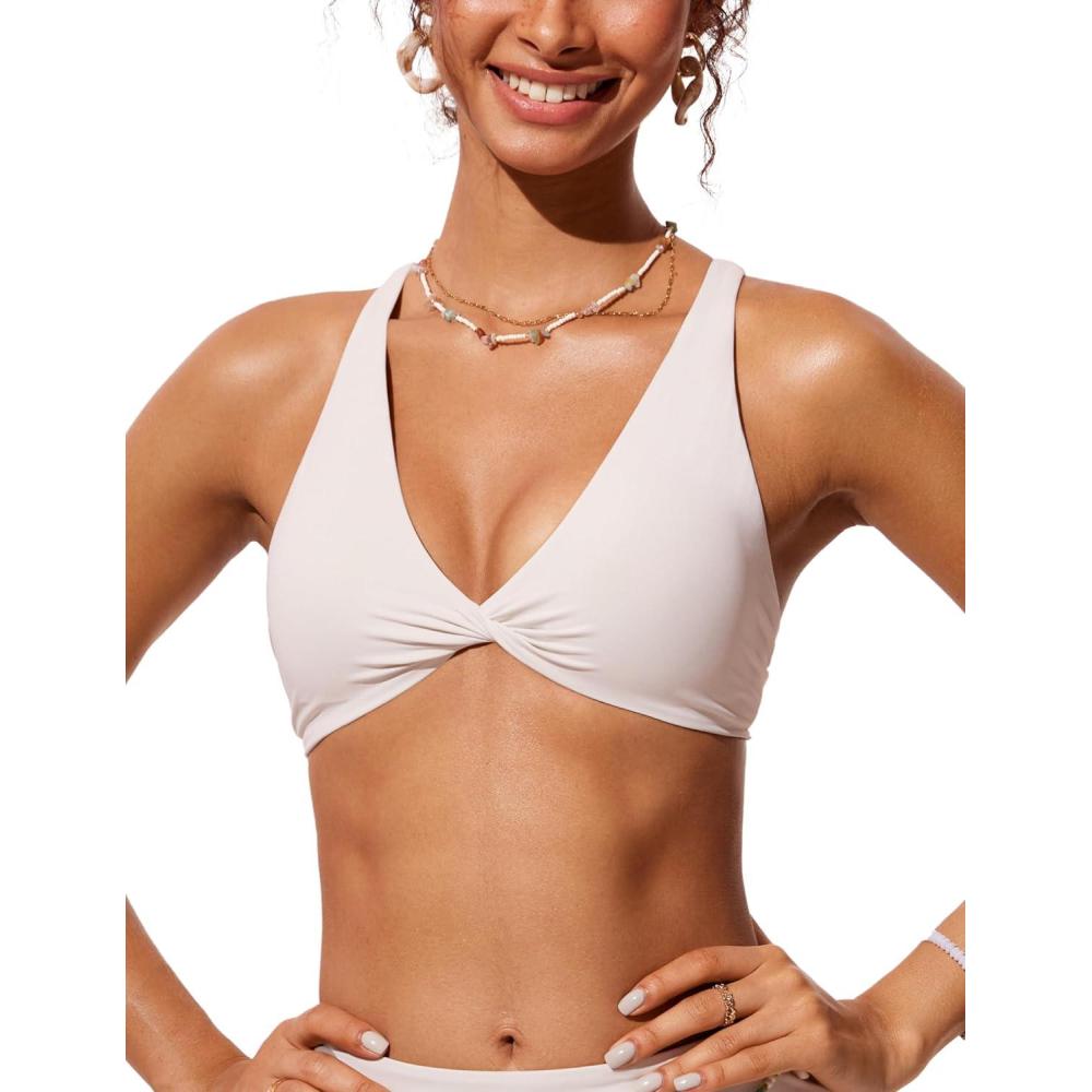 imageCRZ YOGA Twist Front Bikini Tops for Women Padded V Neck Criss Cross Back Triangle Sexy Swim Bathing SuitMilky White Bone