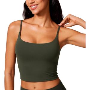 CRZ YOGA Butterlift Scoop Neck Crop Tank Tops for Women – Longline U Back Adjustable Straps Workout Sports Bras(Olive Green)