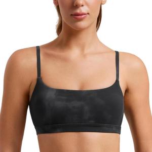 CRZ YOGA Butterluxe Adjustable Spaghetti Strap Sports Bras for Women – Scoop Neck Wireless Padded Yoga Workout Crop Top(Black Tie Dye Flowers)