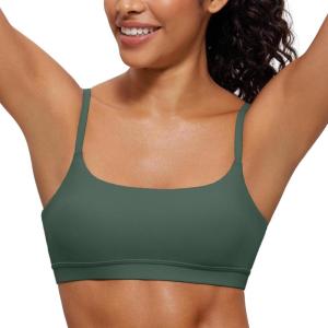 CRZ YOGA Butterluxe Adjustable Spaghetti Strap Sports Bras for Women – Scoop Neck Wireless Padded Yoga Workout Crop Top(Dark Forest Green)
