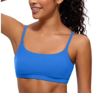 CRZ YOGA Butterluxe Adjustable Spaghetti Strap Sports Bras for Women – Scoop Neck Wireless Padded Yoga Workout Crop Top(Sparkle Blue)