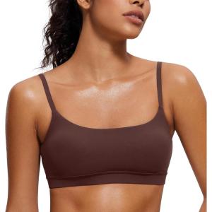 CRZ YOGA Butterluxe Adjustable Spaghetti Strap Sports Bras for Women – Scoop Neck Wireless Padded Yoga Workout Crop Top(Taupe)