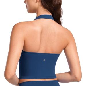 CRZ YOGA Butterluxe Halter Crop Tank Tops for Women – Open Back Padded Longline Sports Bras Workout Gym(French Navy)