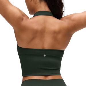 CRZ YOGA Butterluxe Halter Crop Tank Tops for Women – Open Back Padded Longline Sports Bras Workout Gym(Legend Green)
