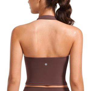 CRZ YOGA Butterluxe Halter Crop Tank Tops for Women – Open Back Padded Longline Sports Bras Workout Gym(Taupe)