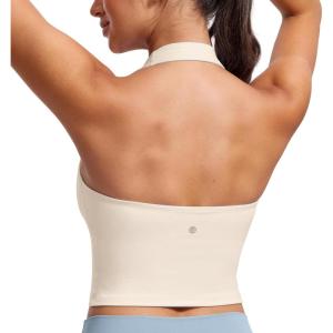 CRZ YOGA Butterluxe Halter Crop Tank Tops for Women – Open Back Padded Longline Sports Bras Workout Gym(White Apricot)