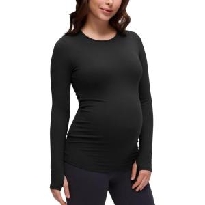 CRZ YOGA Butterluxe Maternity Crewneck Long Sleeve Shirts – Athletic Yoga Casual Pregnancy Womens Tee Tops Basic Layer Soft(Black)