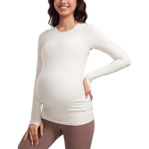 CRZ YOGA Butterluxe Maternity Crewneck Long Sleeve Shirts – Athletic Yoga Casual Pregnancy Womens Tee Tops Basic Layer Soft(Milky White (Bone))