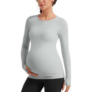 CRZ YOGA Butterluxe Maternity Crewneck Long Sleeve Shirts – Athletic Yoga Casual Pregnancy Womens Tee Tops Basic Layer Soft(Sterling)