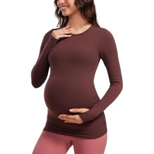 CRZ YOGA Butterluxe Maternity Crewneck Long Sleeve Shirts – Athletic Yoga Casual Pregnancy Womens Tee Tops Basic Layer Soft(Taupe)