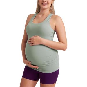 CRZ YOGA Butterluxe Maternity Racerback Tank Tops – Ruched Sleeveless Womens Pregnancy Yoga Workout Shirt with Built in Bra(Green Palm Court)