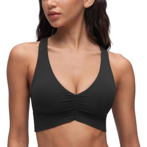 CRZ YOGA Butterluxe Ruched Longline Sports Bras for Women – V Neck Padded Yoga Tank Wide Straps Cross Back Crop Tops(Black)