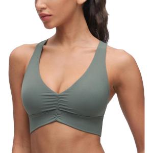 CRZ YOGA Butterluxe Ruched Longline Sports Bras for Women – V Neck Padded Yoga Tank Wide Straps Cross Back Crop Tops(Grey Sage)
