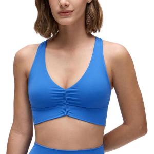 CRZ YOGA Butterluxe Ruched Longline Sports Bras for Women – V Neck Padded Yoga Tank Wide Straps Cross Back Crop Tops(Sparkle Blue)