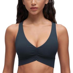 CRZ YOGA Butterluxe Ruched Longline Sports Bras for Women – V Neck Padded Yoga Tank Wide Straps Cross Back Crop Tops(True Navy)