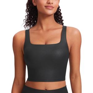 CRZ YOGA Butterluxe Square Neck Crop Tank Tops for Women – Workout Longline Sports Bras Padded Yoga Camisole(Black Foil Pattern)