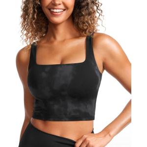 CRZ YOGA Butterluxe Square Neck Crop Tank Tops for Women – Workout Longline Sports Bras Padded Yoga Camisole(Black Tie Dye Flowers)