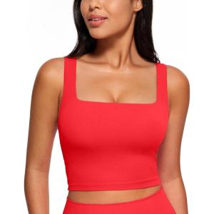 CRZ YOGA Butterluxe Square Neck Crop Tank Tops for Women – Workout Longline Sports Bras Padded Yoga Camisole(Deep Red)