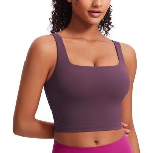 CRZ YOGA Butterluxe Square Neck Crop Tank Tops for Women – Workout Longline Sports Bras Padded Yoga Camisole(Grape Thistle Purple)