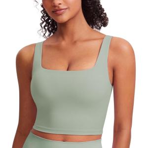 CRZ YOGA Butterluxe Square Neck Crop Tank Tops for Women – Workout Longline Sports Bras Padded Yoga Camisole(Green Palm Court)