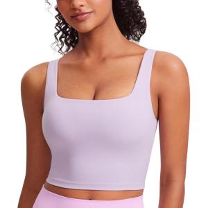 CRZ YOGA Butterluxe Square Neck Crop Tank Tops for Women – Workout Longline Sports Bras Padded Yoga Camisole(Lilac Air)