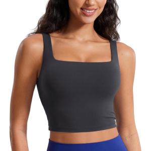 CRZ YOGA Butterluxe Square Neck Crop Tank Tops for Women – Workout Longline Sports Bras Padded Yoga Camisole(Mysterious Grey)