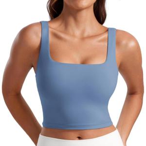 CRZ YOGA Butterluxe Square Neck Crop Tank Tops for Women – Workout Longline Sports Bras Padded Yoga Camisole(Oasis Blue)