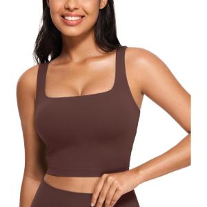 CRZ YOGA Butterluxe Square Neck Crop Tank Tops for Women – Workout Longline Sports Bras Padded Yoga Camisole(Taupe)