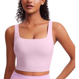 CRZ YOGA Butterluxe Square Neck Crop Tank Tops for Women – Workout Longline Sports Bras Padded Yoga Camisole(Vita Pink)