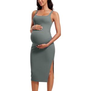 CRZ YOGA Butterluxe Square Neck Sleeveless Maternity Dress – Split Ruched Tanks Womens Pregnancy Bodycon Casual Baby Shower(Grey Sage)
