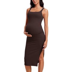 CRZ YOGA Butterluxe Square Neck Sleeveless Maternity Dress – Split Ruched Tanks Womens Pregnancy Bodycon Casual Baby Shower(Hot Fudge Brown)