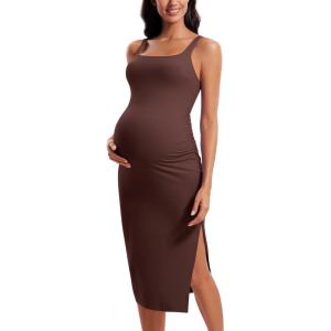 CRZ YOGA Butterluxe Square Neck Sleeveless Maternity Dress – Split Ruched Tanks Womens Pregnancy Bodycon Casual Baby Shower(Taupe)