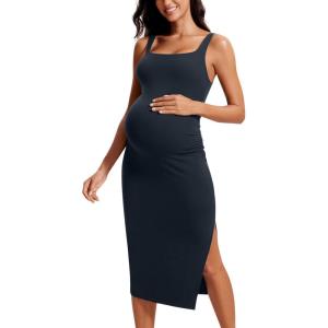 CRZ YOGA Butterluxe Square Neck Sleeveless Maternity Dress – Split Ruched Tanks Womens Pregnancy Bodycon Casual Baby Shower(True Navy)