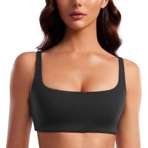 CRZ YOGA Butterluxe Square Neck Sports Bras for Women – Spaghetti Strap Yoga Wireless Low Coverage Padded Cami Crop Top(Black)