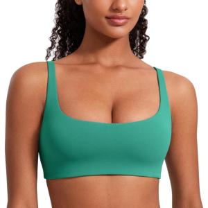 CRZ YOGA Butterluxe Square Neck Sports Bras for Women – Spaghetti Strap Yoga Wireless Low Coverage Padded Cami Crop Top(Cascadia Green)