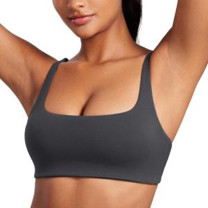 CRZ YOGA Butterluxe Square Neck Sports Bras for Women – Spaghetti Strap Yoga Wireless Low Coverage Padded Cami Crop Top(Mysterious Grey)