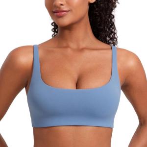 CRZ YOGA Butterluxe Square Neck Sports Bras for Women – Spaghetti Strap Yoga Wireless Low Coverage Padded Cami Crop Top(Oasis Blue)