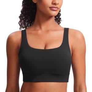 CRZ YOGA Butterluxe U Back Longline Sports Bras for Women – Scoop Neck Padded Yoga Workout Crop Top with Built in Pads(Black)