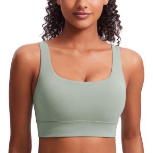 CRZ YOGA Butterluxe U Back Longline Sports Bras for Women – Scoop Neck Padded Yoga Workout Crop Top with Built in Pads(Green Palm Court)