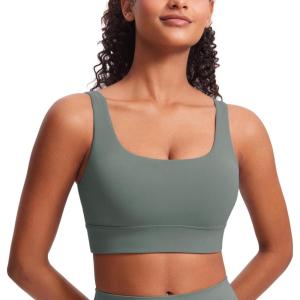 CRZ YOGA Butterluxe U Back Longline Sports Bras for Women – Scoop Neck Padded Yoga Workout Crop Top with Built in Pads(Grey Sage)