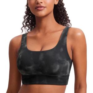CRZ YOGA Butterluxe U Back Longline Sports Bras for Women – Scoop Neck Padded Yoga Workout Crop Top with Built in Pads(Grey Tie Dye Flowers)