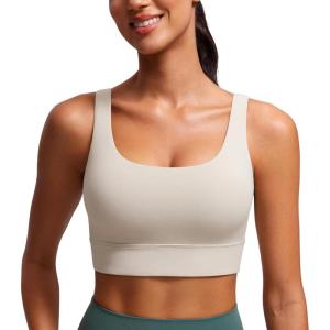 CRZ YOGA Butterluxe U Back Longline Sports Bras for Women – Scoop Neck Padded Yoga Workout Crop Top with Built in Pads(Mojave Tan)