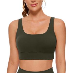 CRZ YOGA Butterluxe U Back Longline Sports Bras for Women – Scoop Neck Padded Yoga Workout Crop Top with Built in Pads(Olive Green)